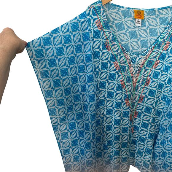Ruby Rd. Womens Blouse Plus Size 1X Blue Tropical Pullover Poncho Style Top - Picture 4 of 7